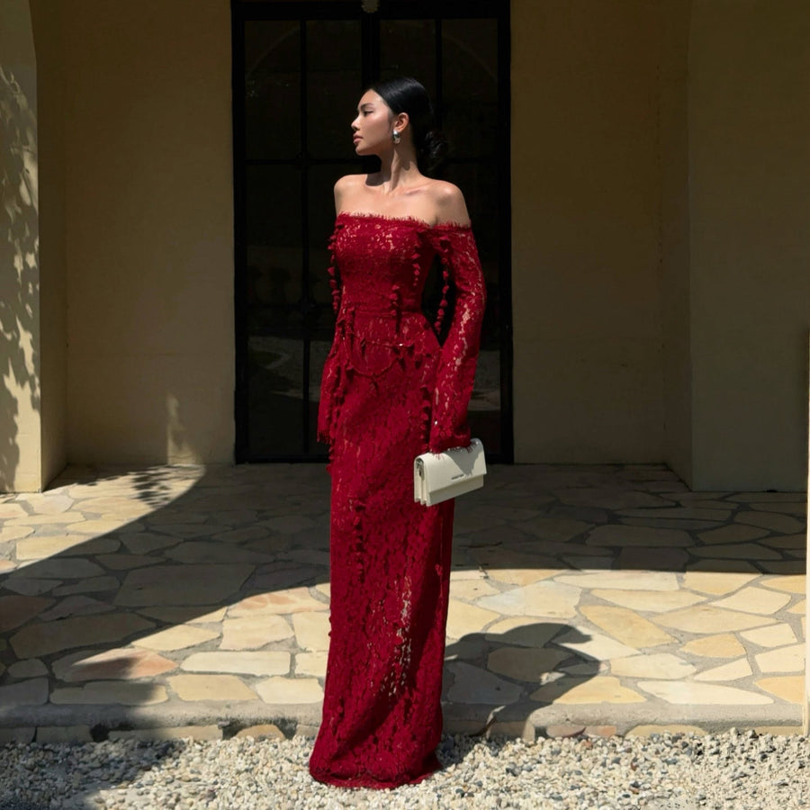 Red Embroidered Vine Dress