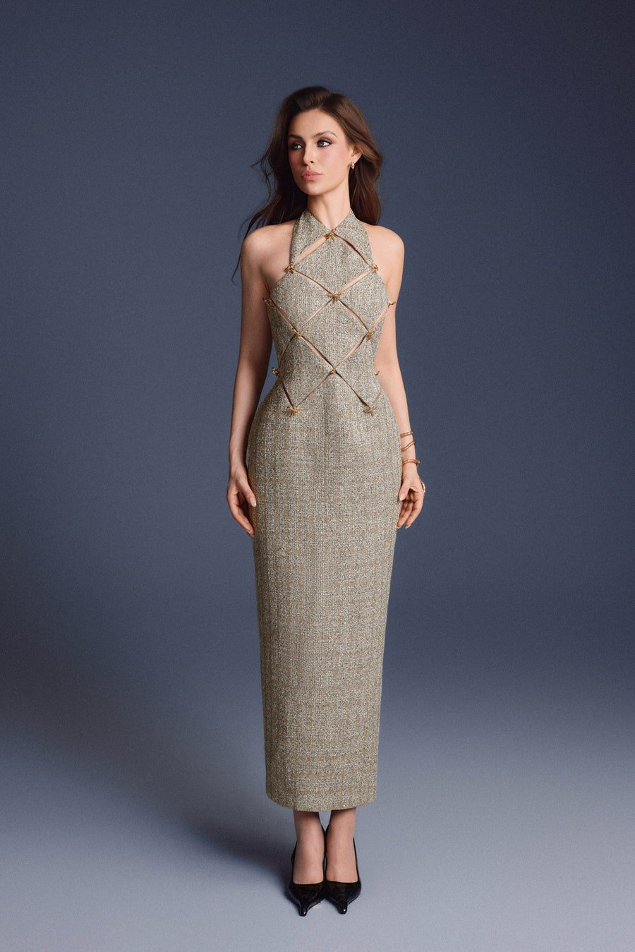 Gold Checkered Cut-out Dress