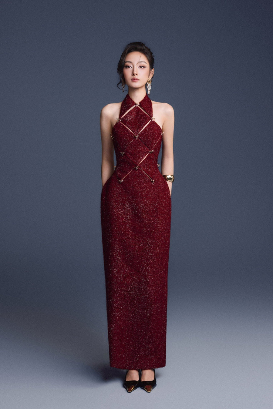Wine Red Checkered Cut-out Dress