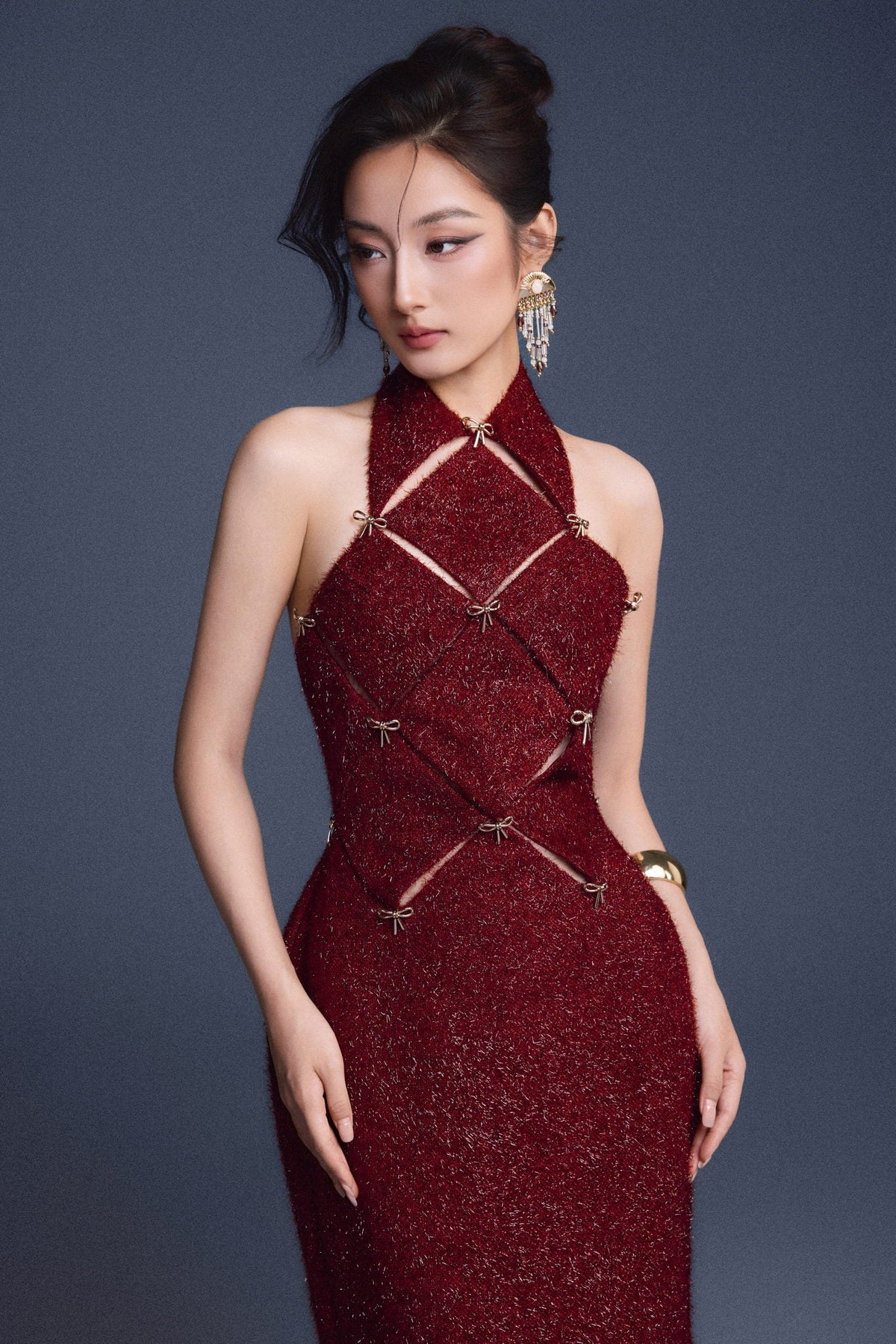 Wine Red Checkered Cut-out Dress by Keira Tong