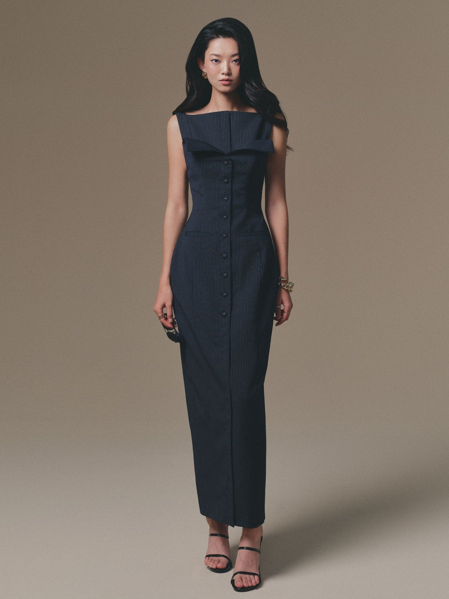 Blue Flipped-Bust Panel Dress