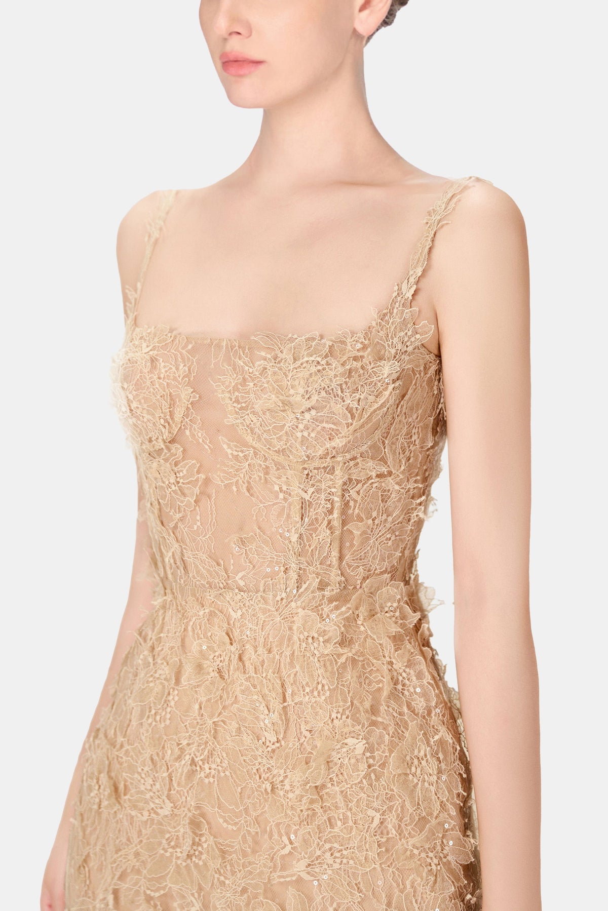 Beige Beaded Lace Fitted Dress by Montsand