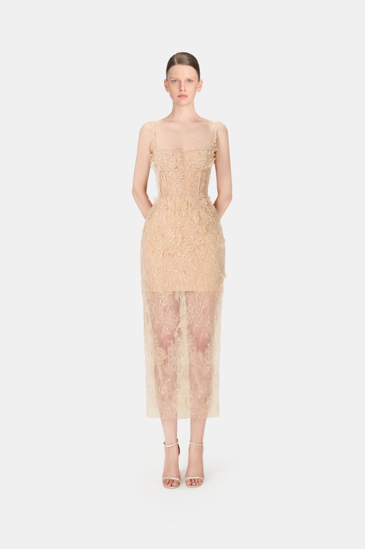 Beige Beaded Lace Fitted Dress by Montsand