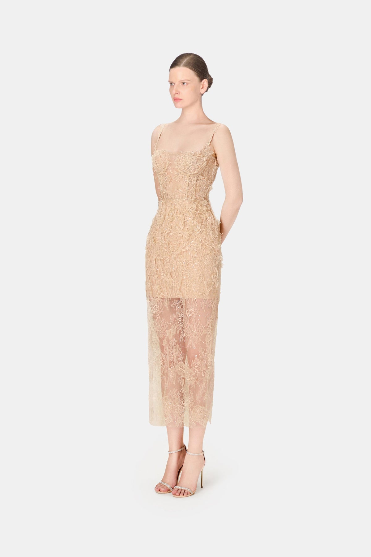 Beige Beaded Lace Fitted Dress by Montsand