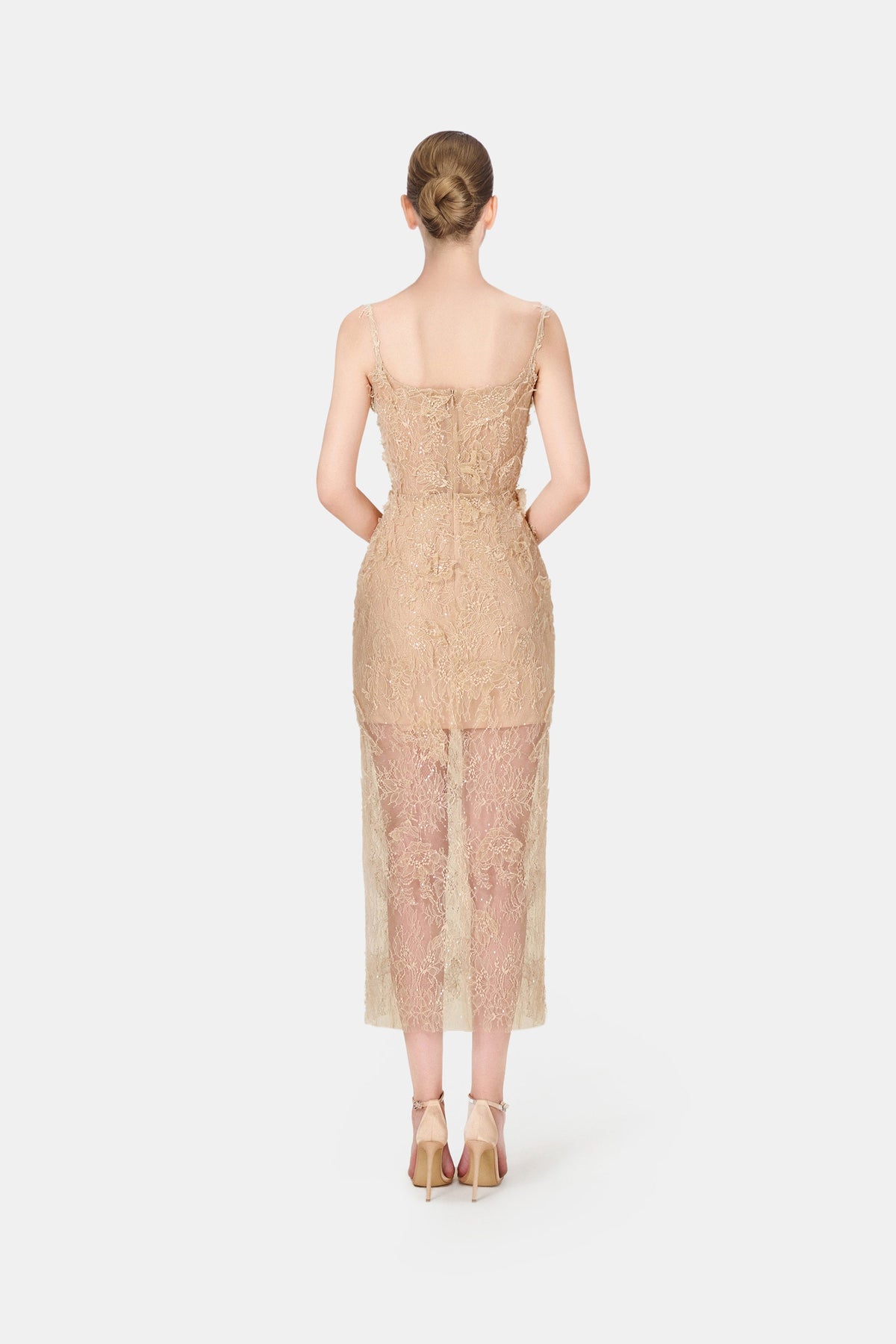 Beige Beaded Lace Fitted Dress by Montsand