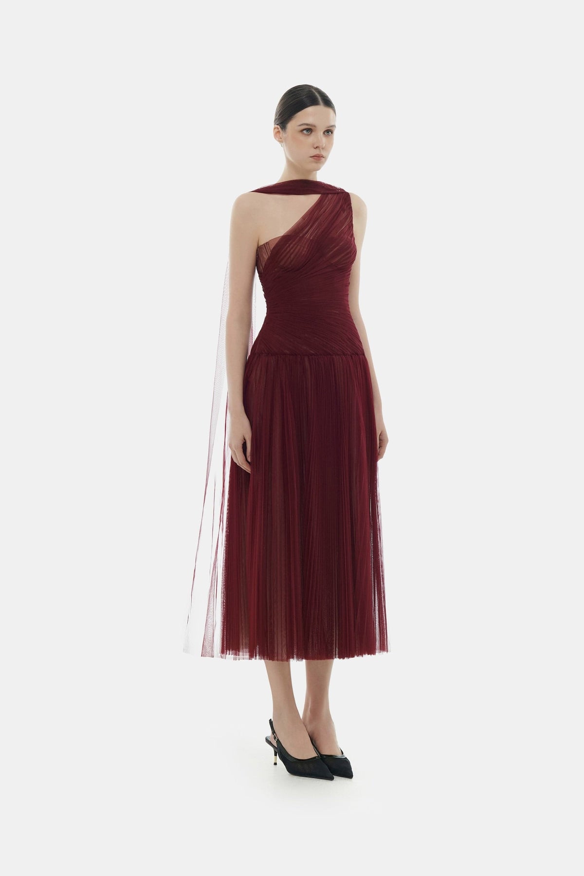 Bordeaux Draped Midi Dress by Montsand
