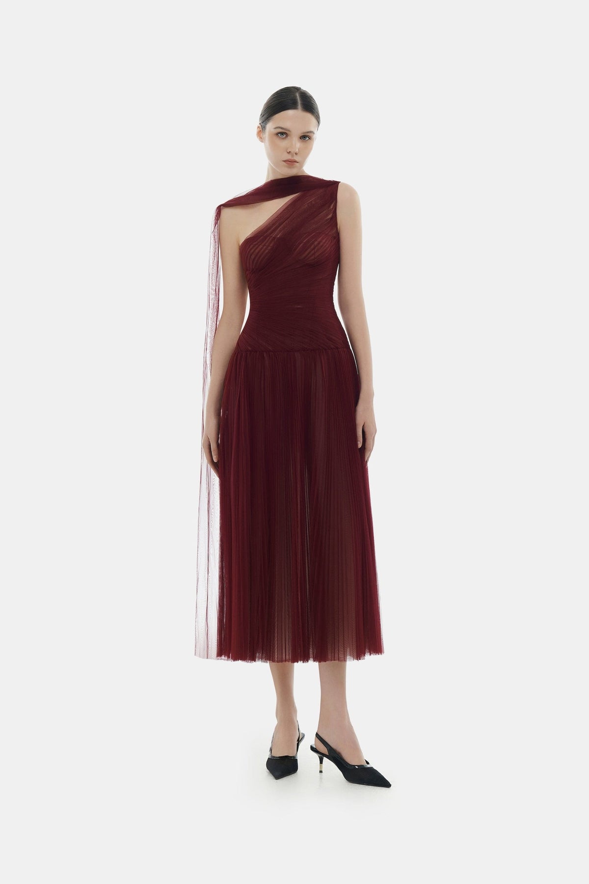 Bordeaux Draped Midi Dress by Montsand