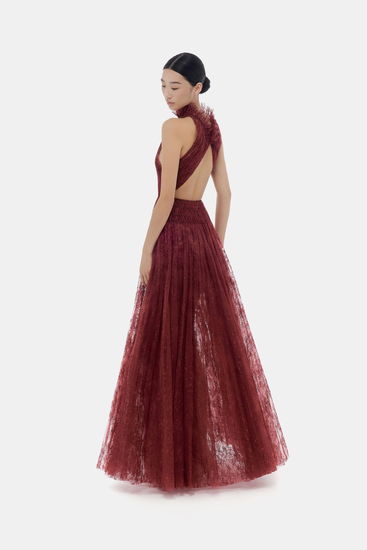 Burgundy Smocked Lace Maxi Dress by Montsand