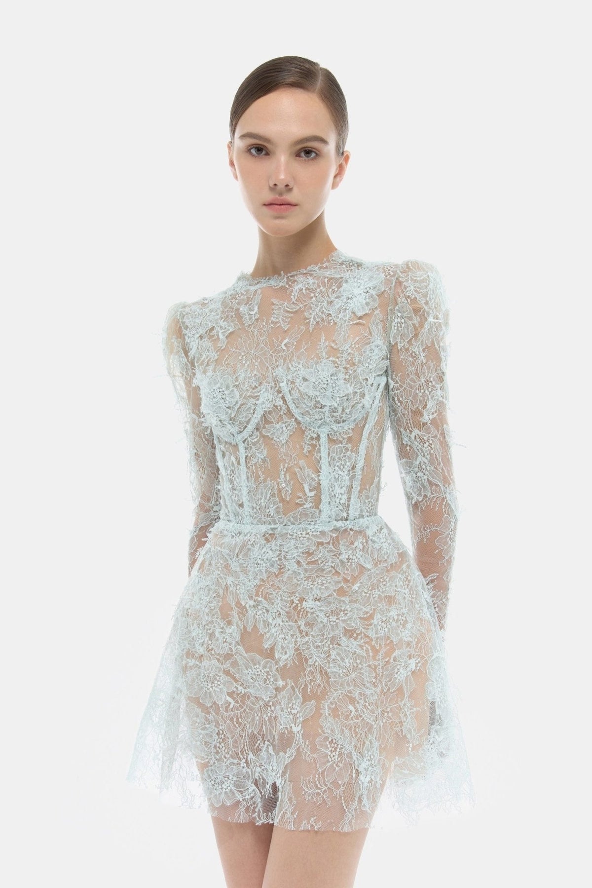 Baby Blue Beaded Lace Mini Dress by Montsand