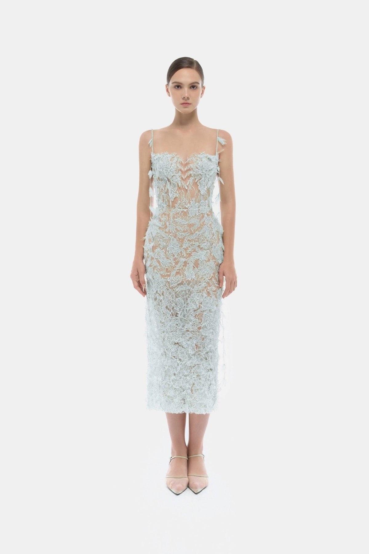 Baby Blue Beaded Lace Pencil Dress by Montsand