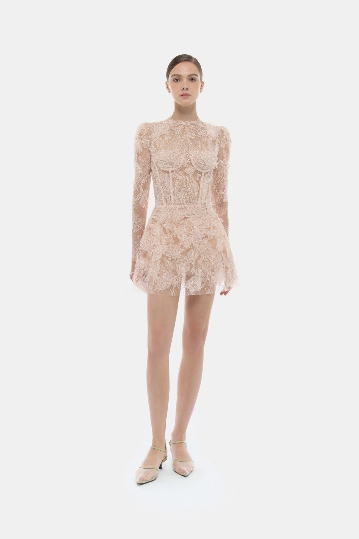 Baby Pink Beaded Lace Mini Dress by Montsand