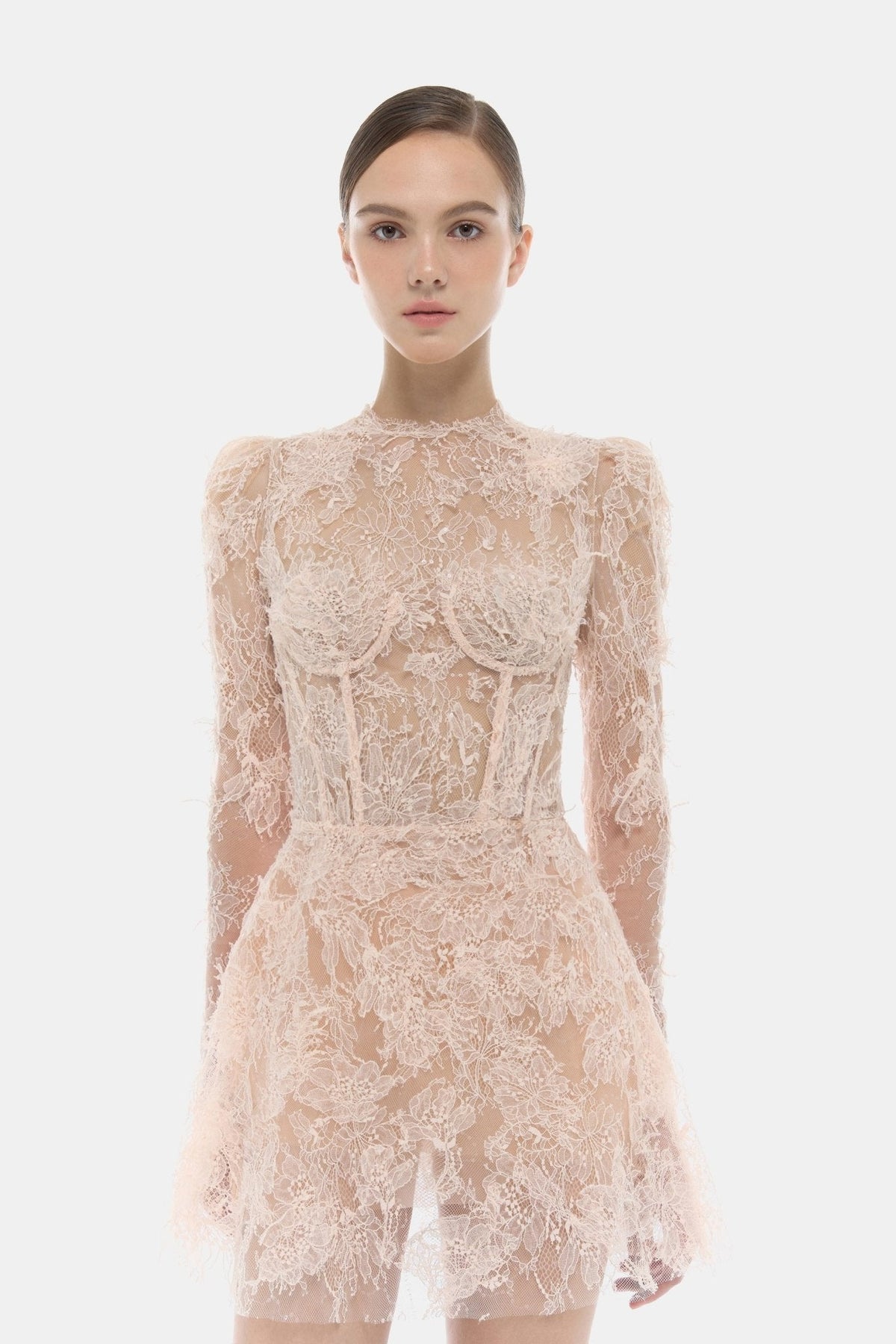 Baby Pink Beaded Lace Mini Dress by Montsand