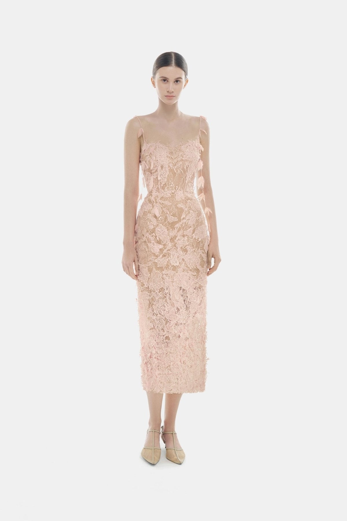 Baby Pink Beaded Lace Pencil Dress by Montsand