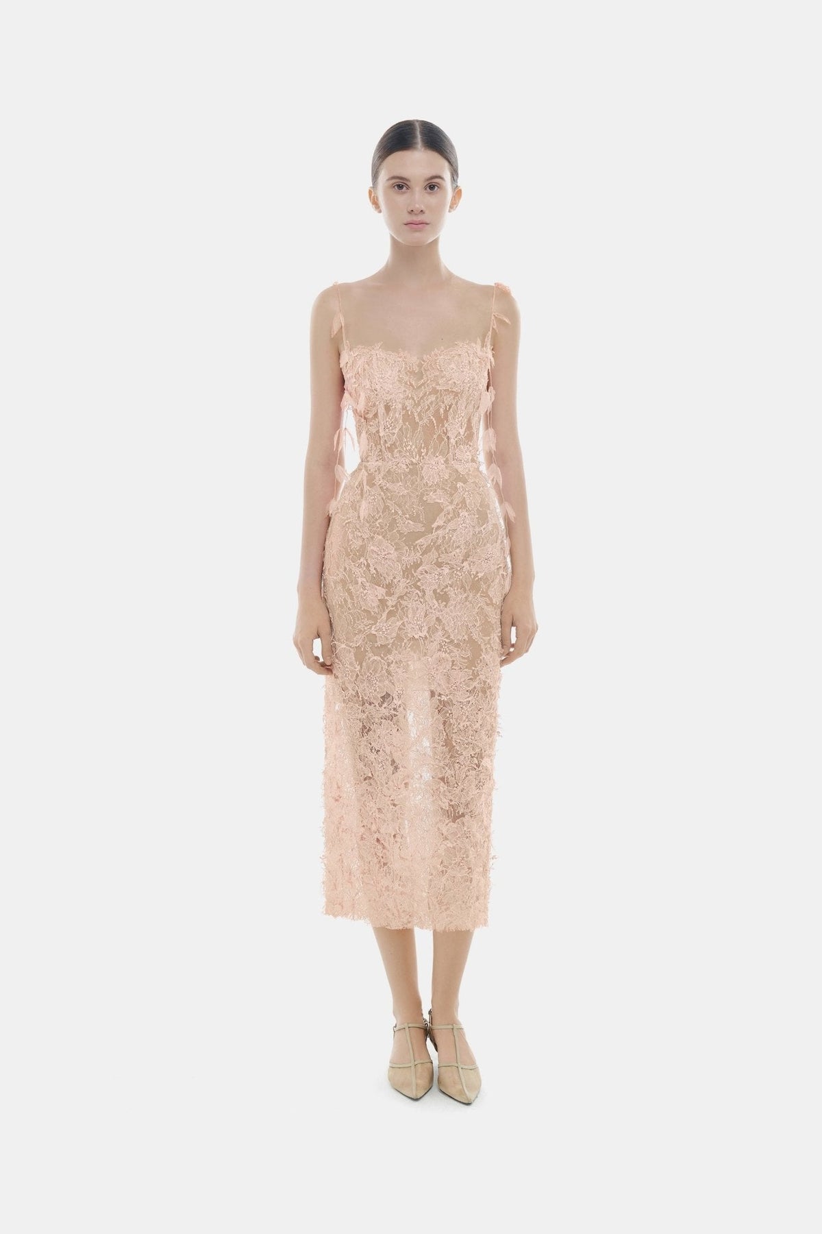 Baby Pink Beaded Lace Pencil Dress by Montsand