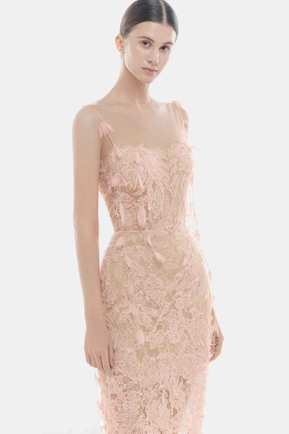 Baby Pink Beaded Lace Pencil Dress by Montsand