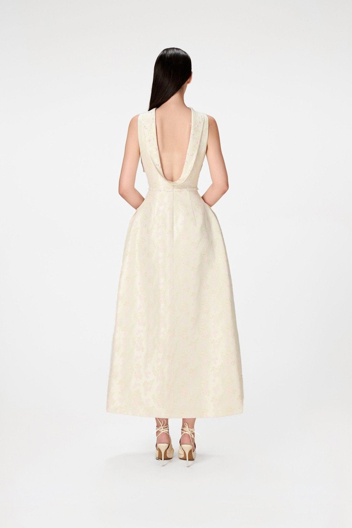 Beaded Brocade Cowl Neck Long by Montsand