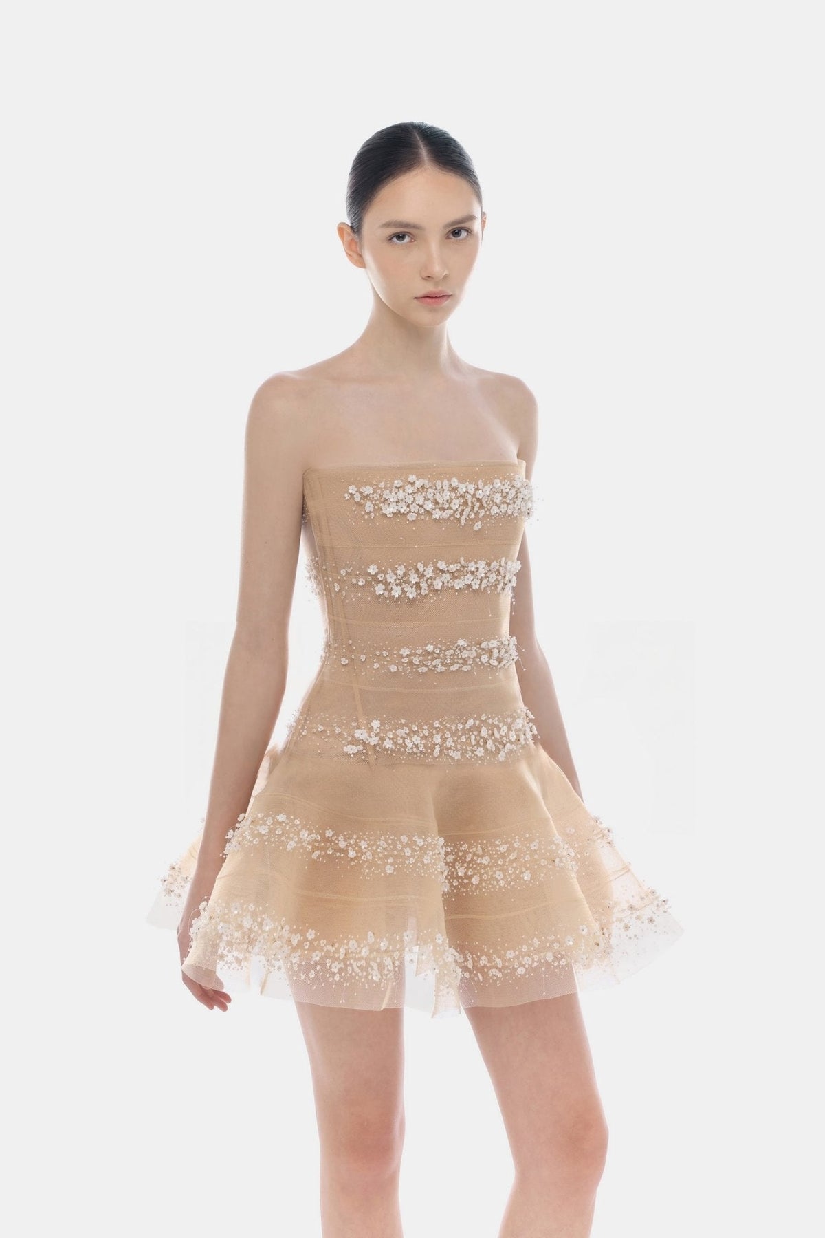 Beige 3D Floral Skater Dress by Montsand