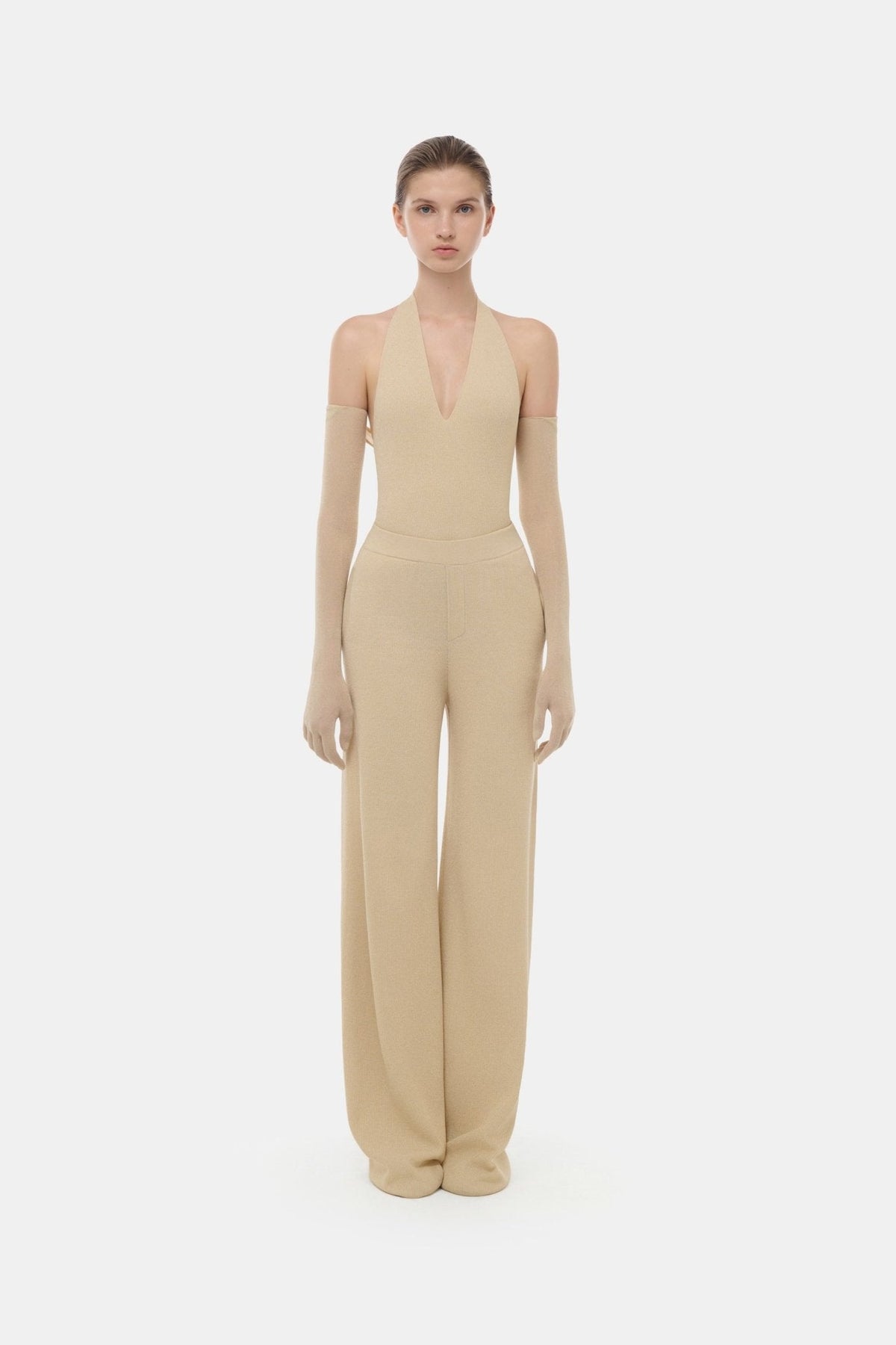 Beige Deep-V Halter Top by Montsand