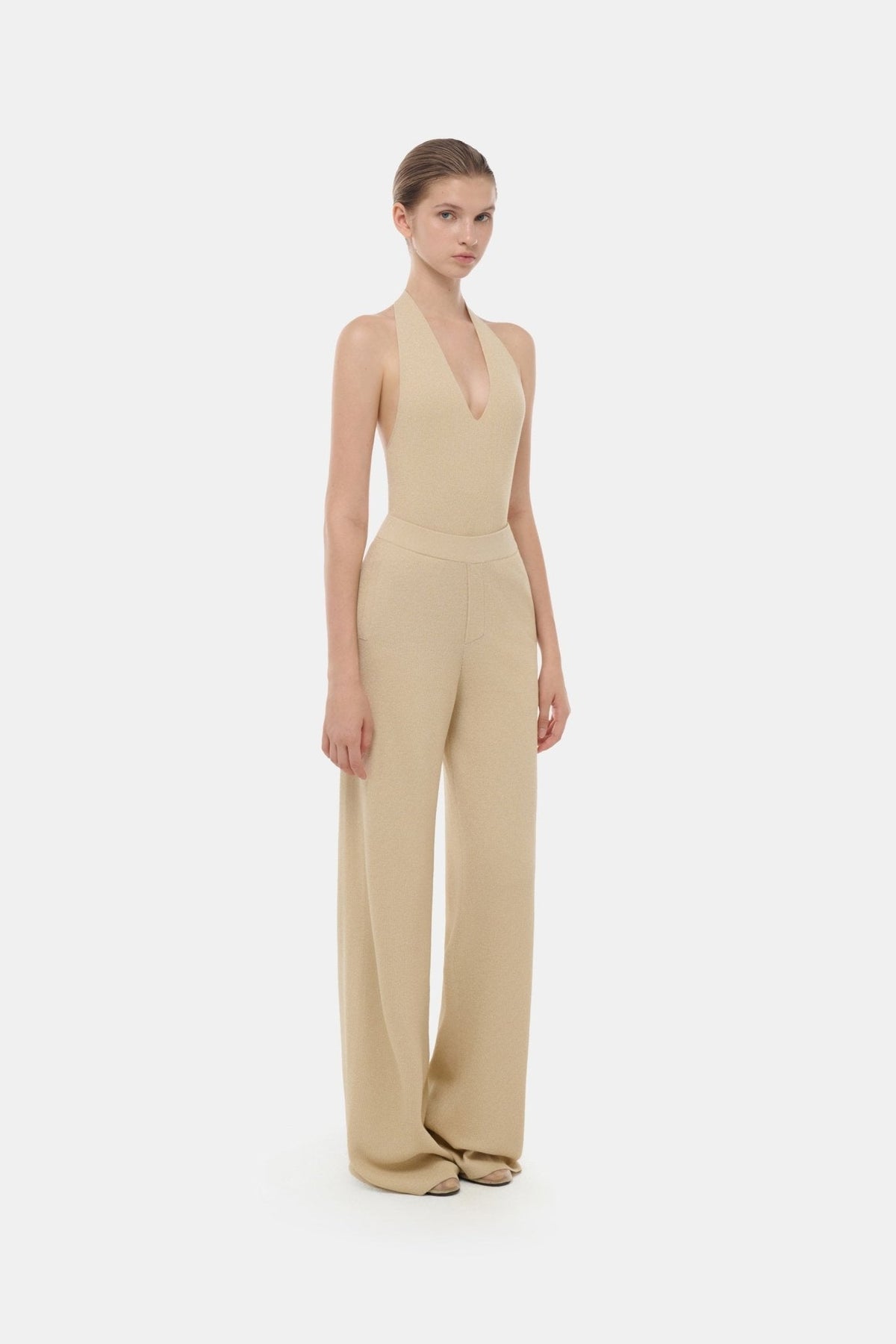 Beige Deep-V Halter Top by Montsand