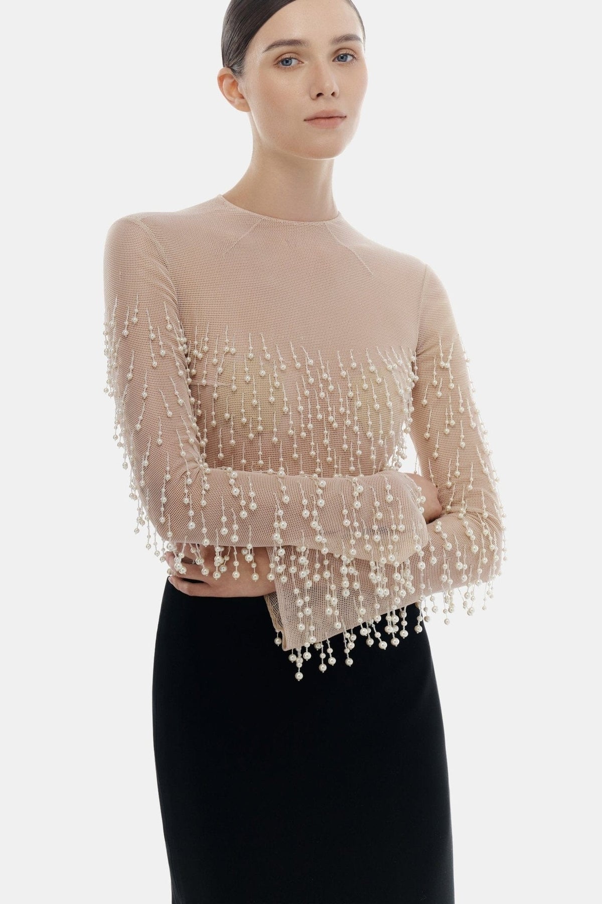 Beige Faux Pearl Longsleeve Top by Montsand
