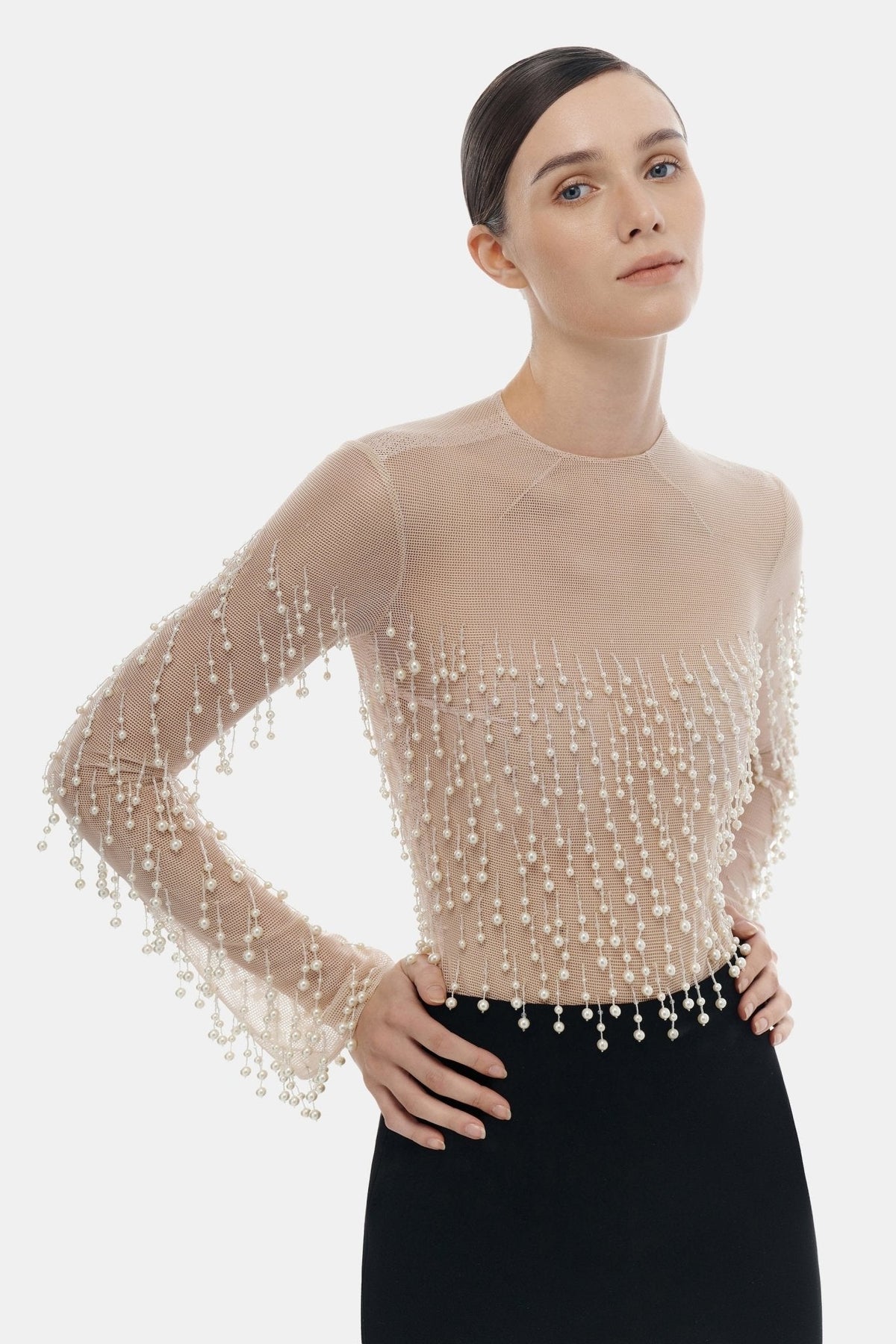 Beige Faux Pearl Longsleeve Top by Montsand