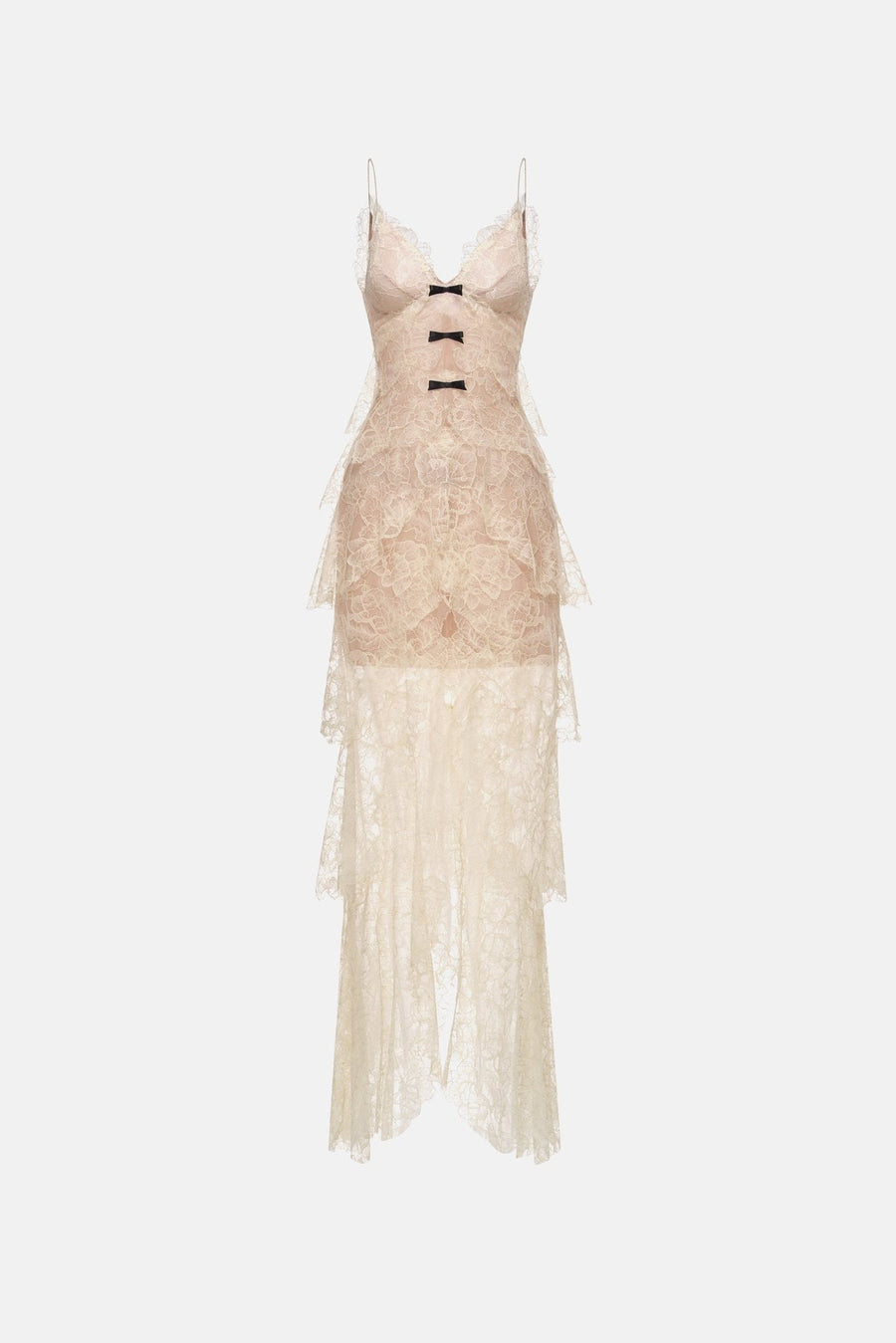 Beige Floral Bow Vneck Maxi Dress