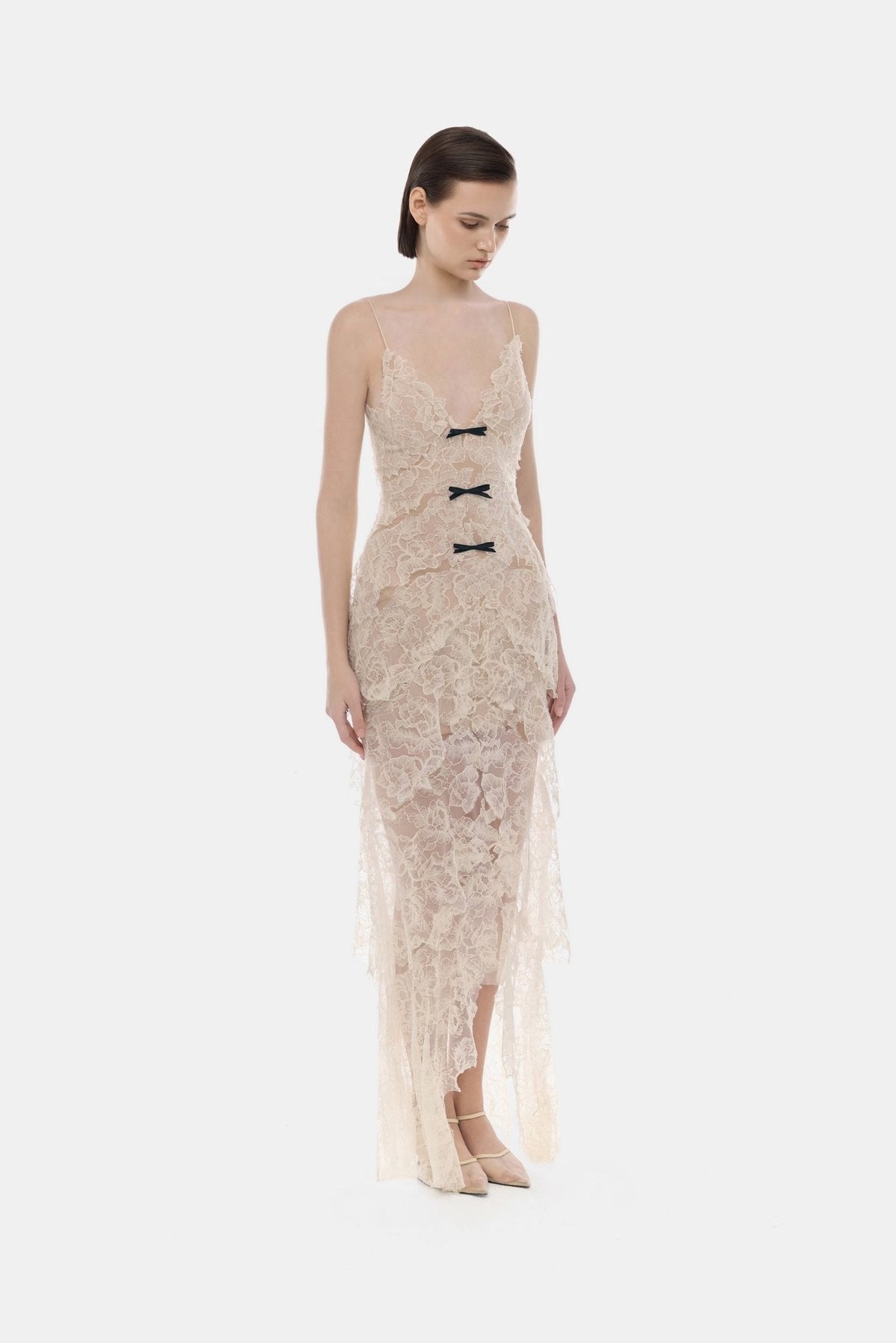 Beige Floral Bow Vneck Maxi Dress by Montsand