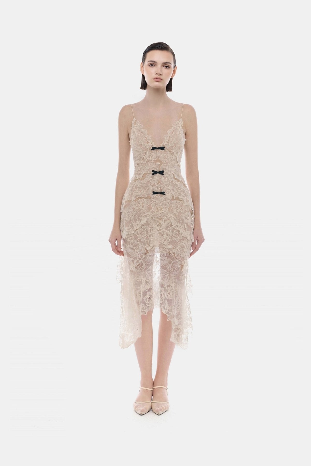 Beige Floral Bow Vneck Midi Dress by Montsand