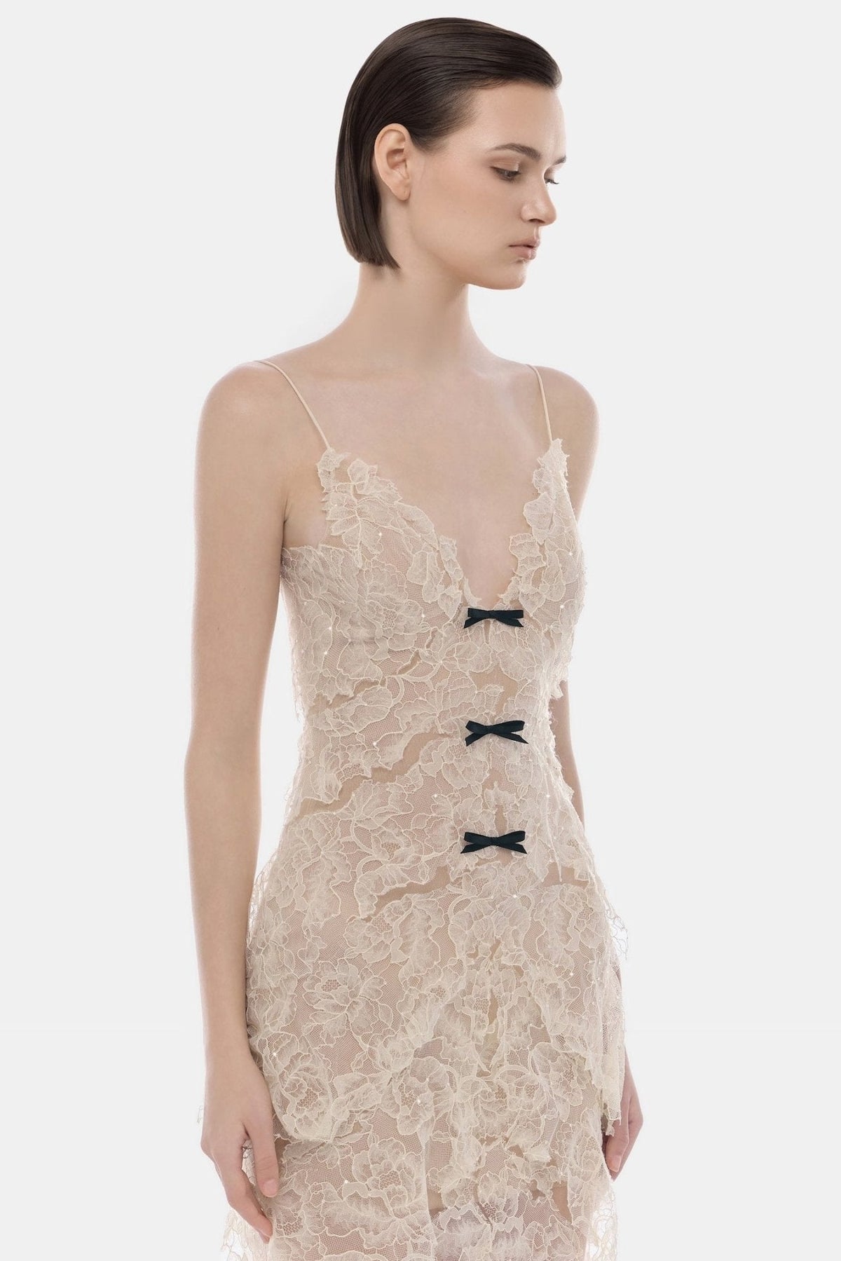 Beige Floral Bow Vneck Mini Dress by Montsand