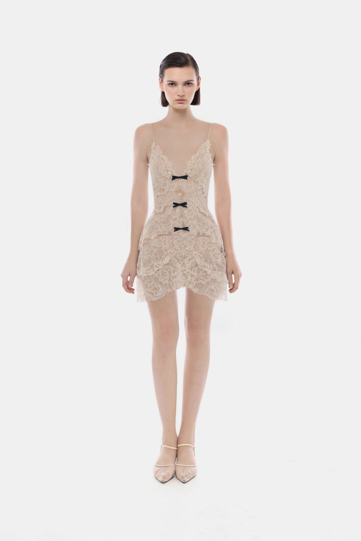 Beige Floral Bow Vneck Mini Dress by Montsand