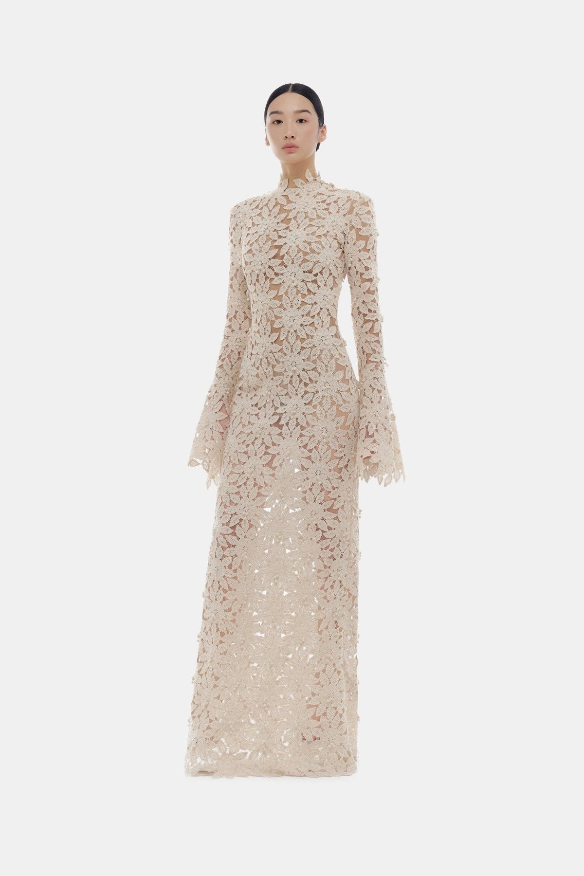Beige Floral Lace Maxi Dress by Montsand