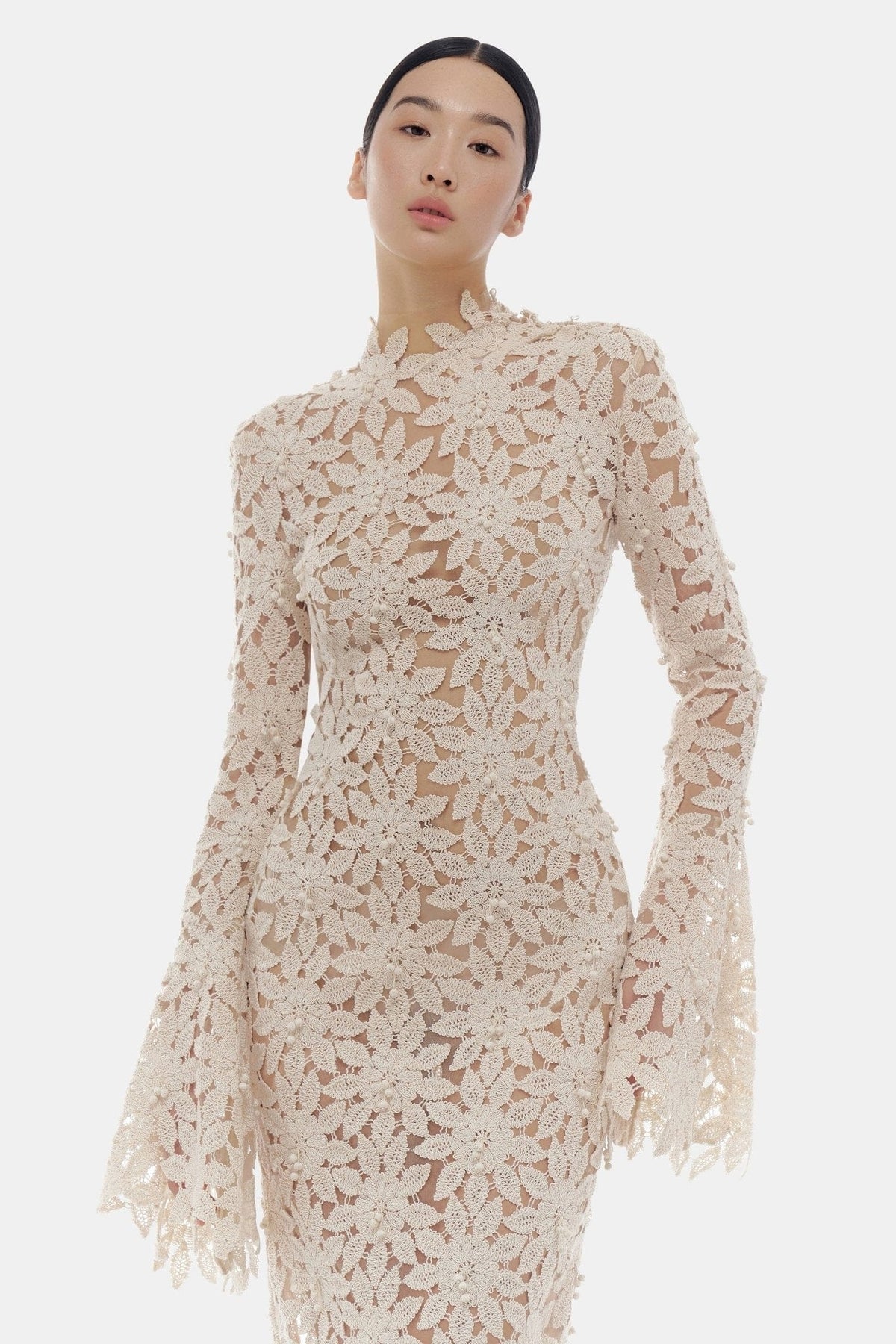 Beige Floral Lace Maxi Dress by Montsand
