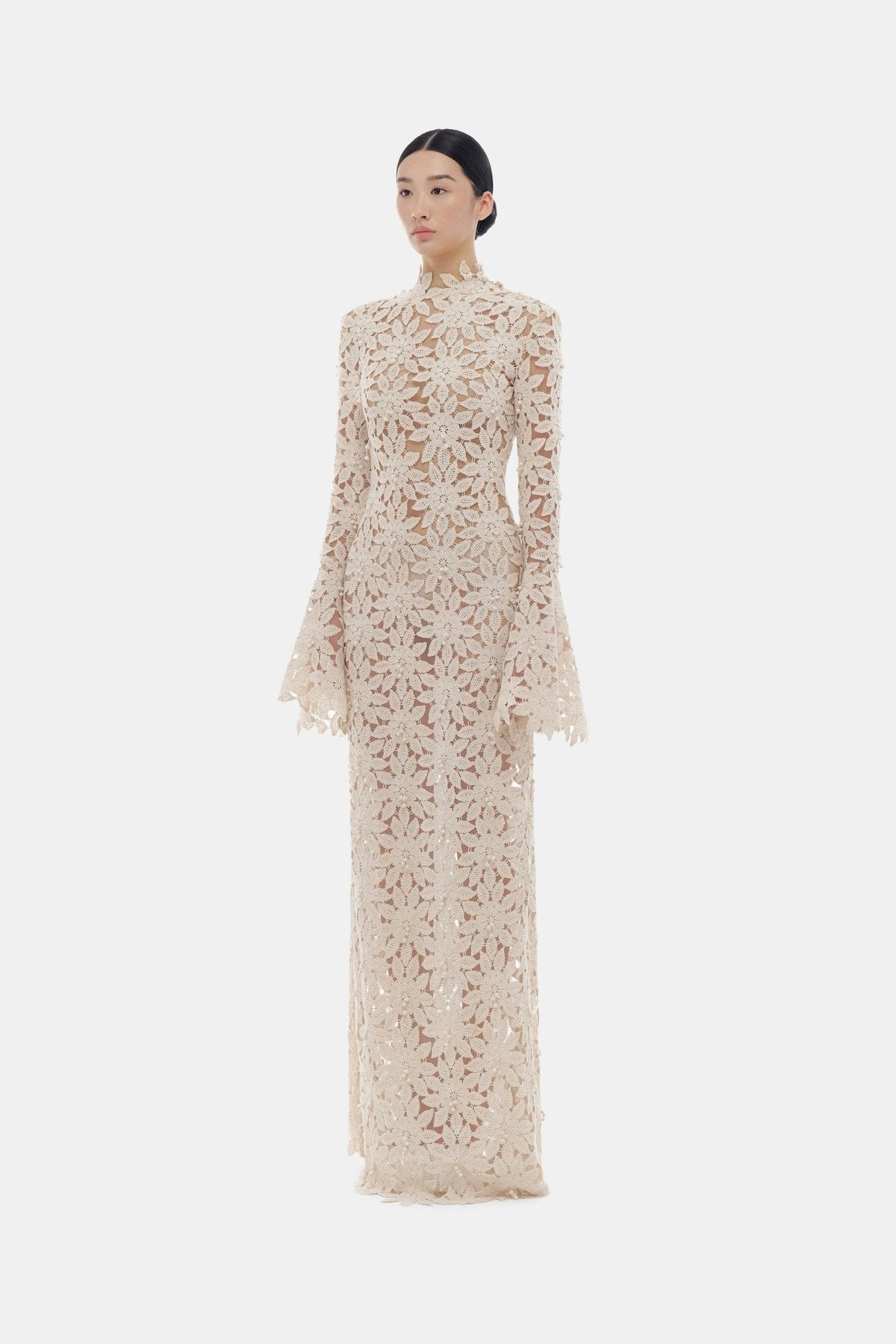 Beige Floral Lace Maxi Dress by Montsand