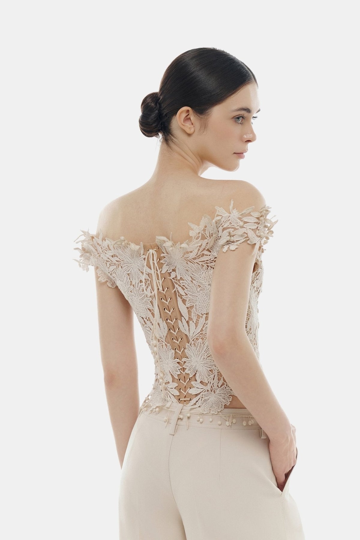Beige Flower Beaded Corset Top by Montsand