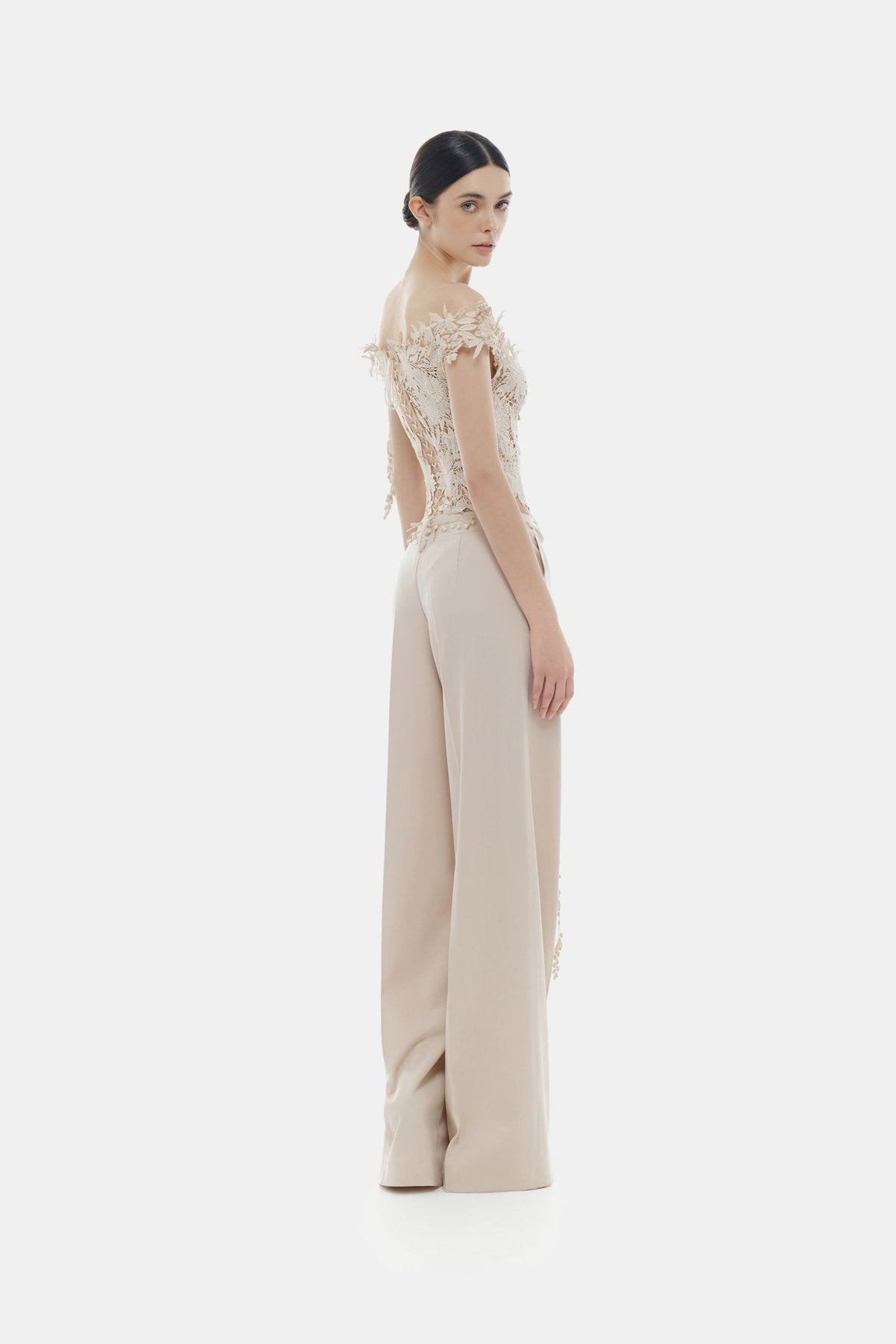 Beige Flower Beaded Corset Top by Montsand