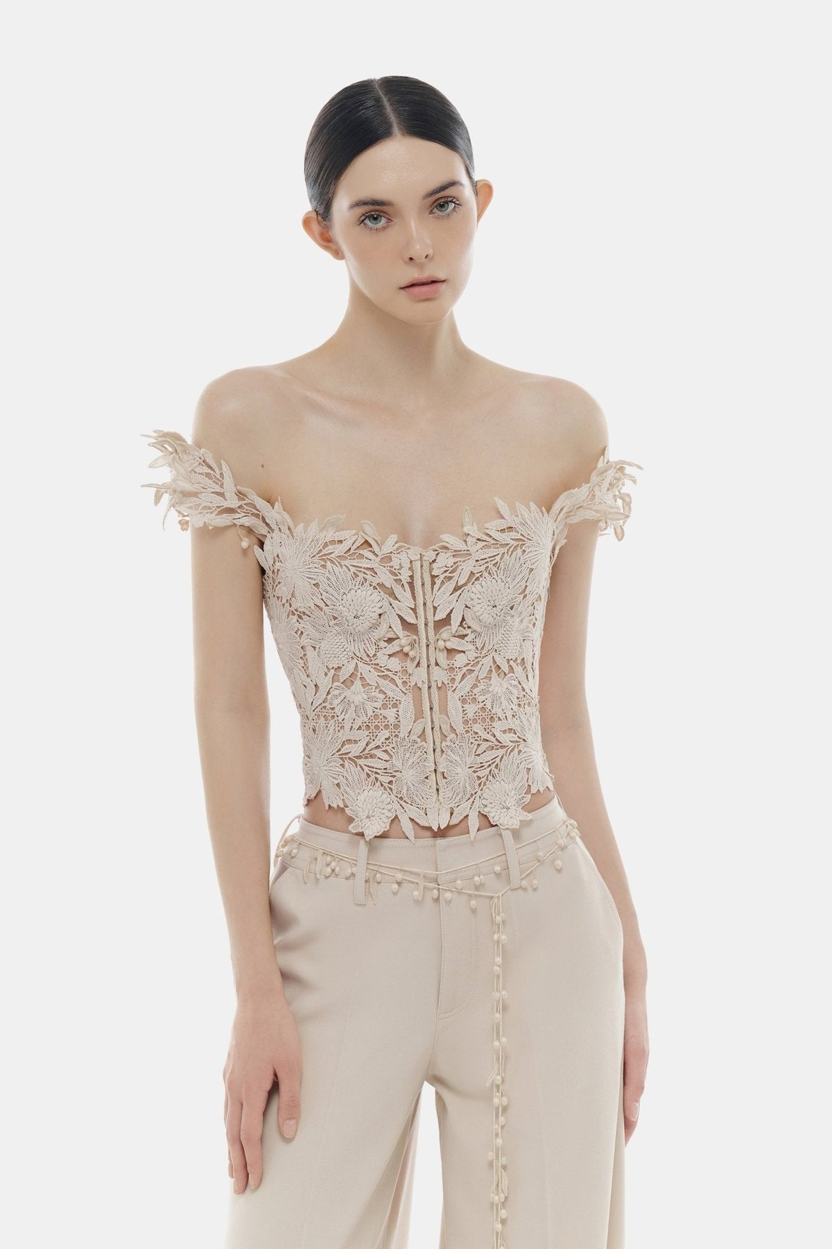 Beige Flower Beaded Corset Top by Montsand