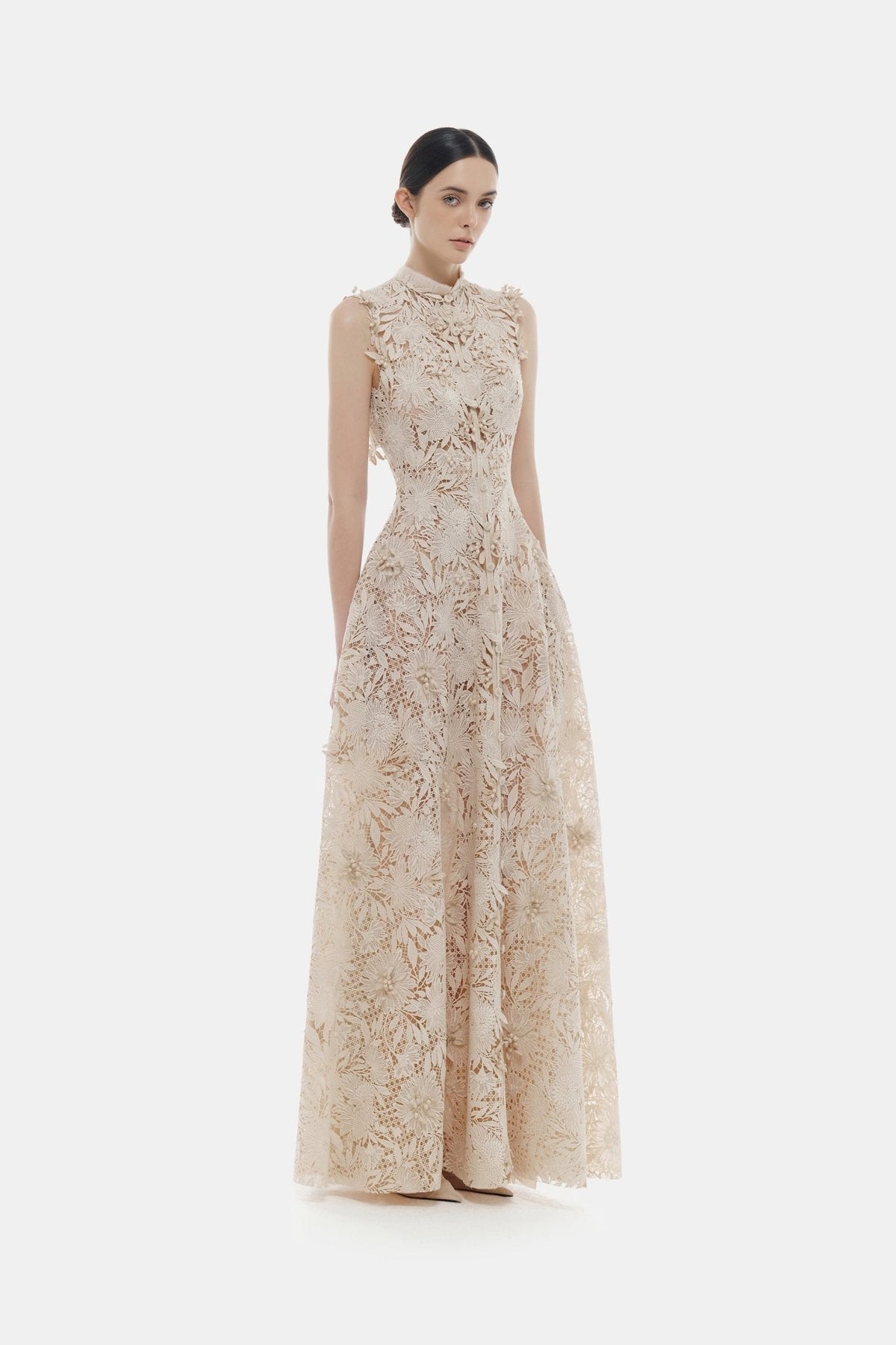 Beige Flower Beaded Maxi Dress by Montsand