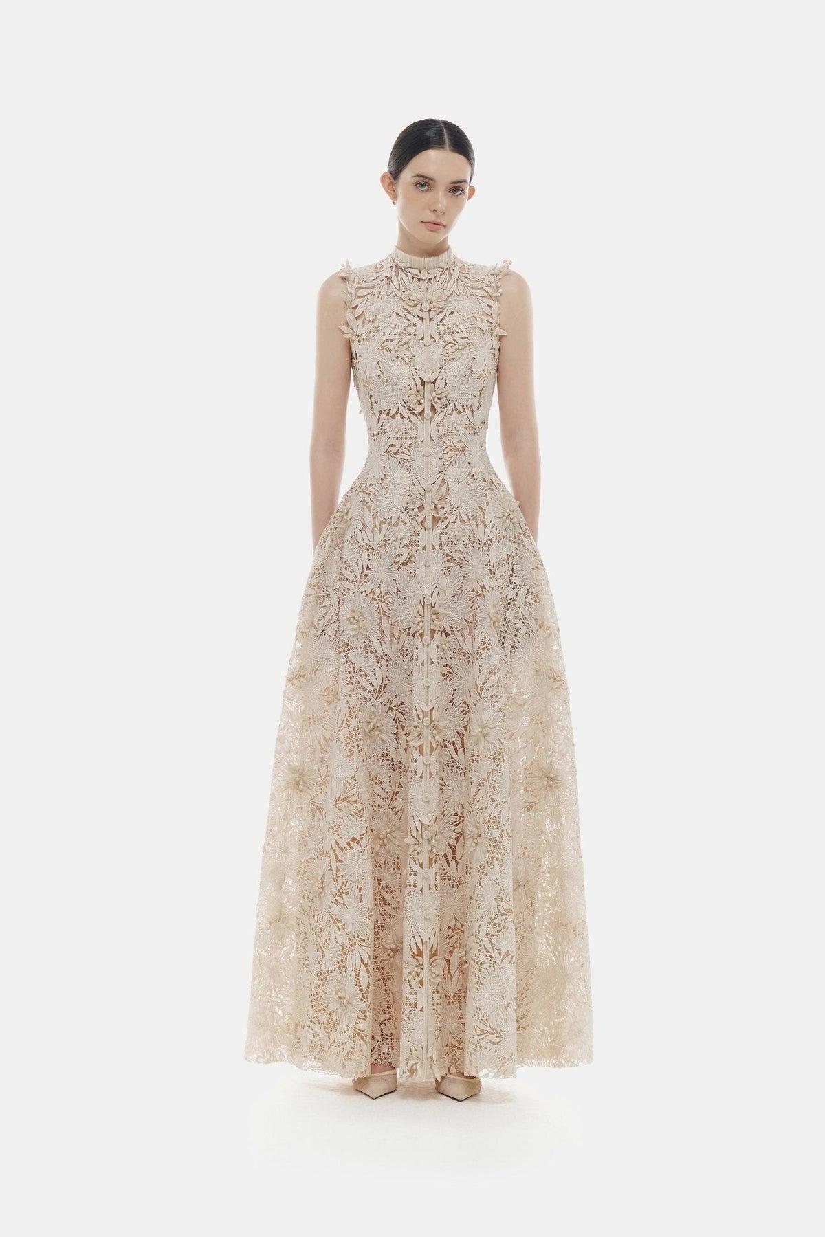 Beige Flower Beaded Maxi Dress by Montsand