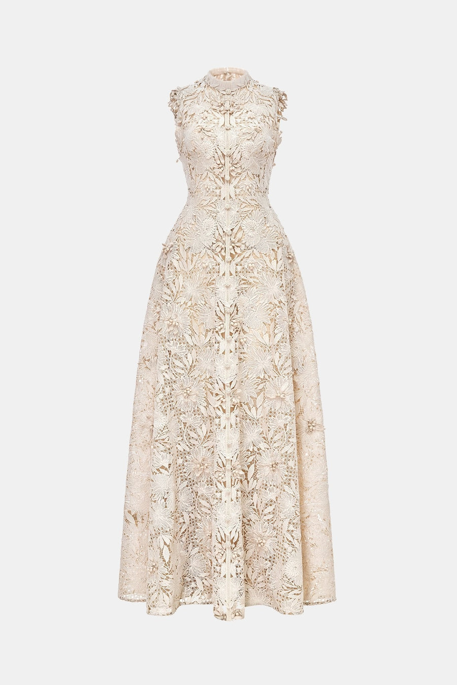 Beige Flower Beaded Maxi Dress