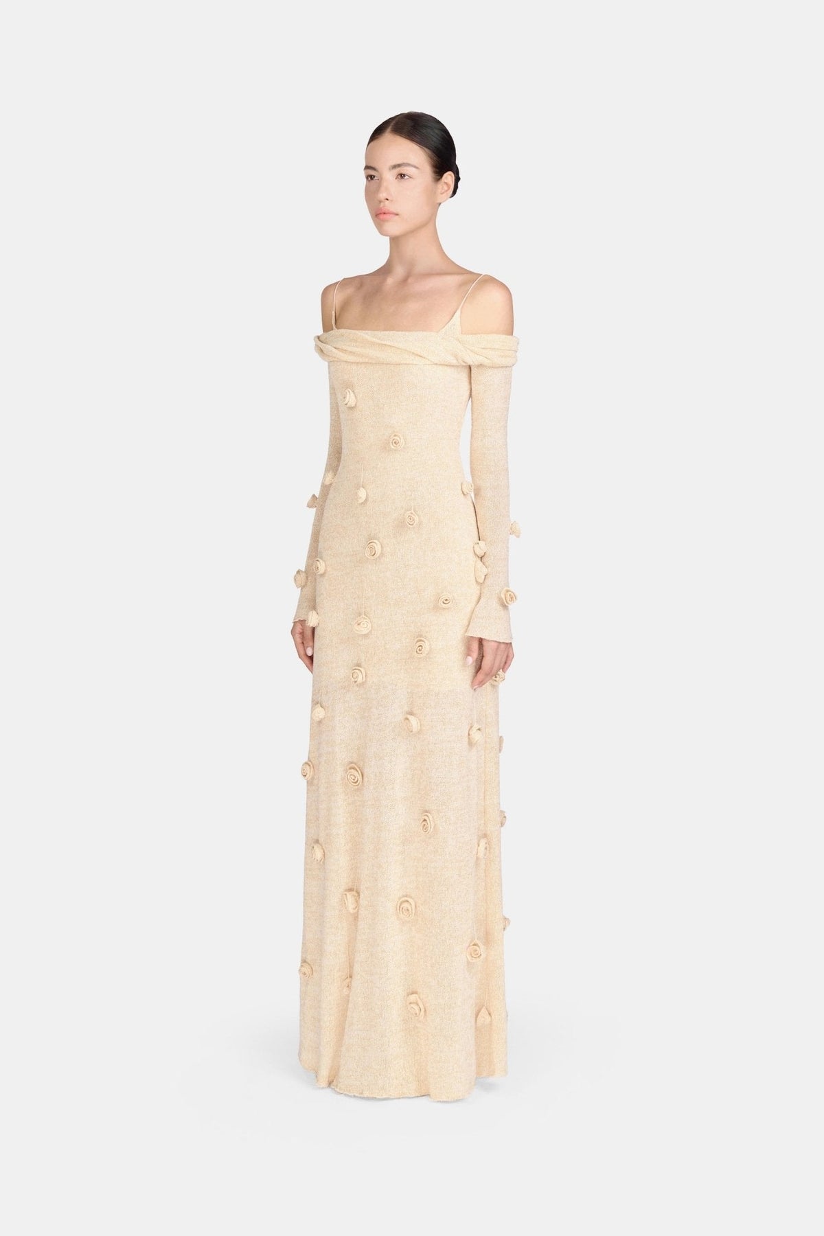 Beige Off-shoulder Floral Dress by Montsand