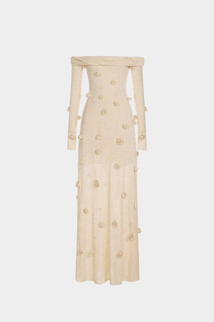 Beige Off-shoulder Floral Dress