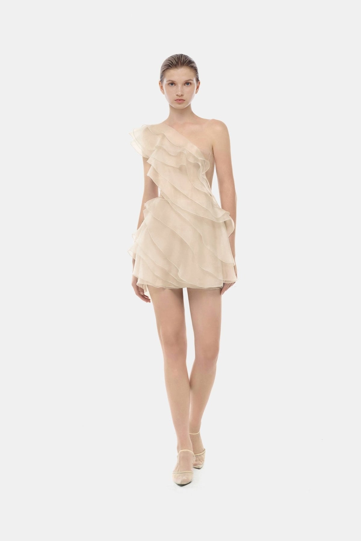 Beige Ruffle One-Shoulder Mini Dress by Montsand
