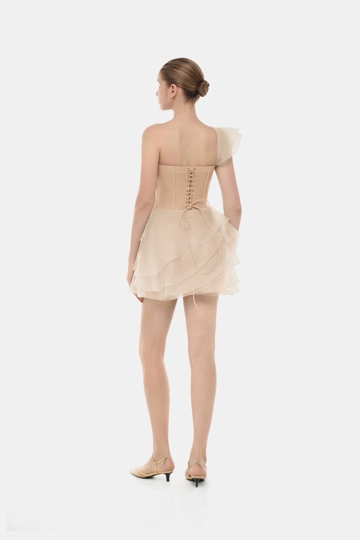 Beige Ruffle One-Shoulder Mini Dress by Montsand