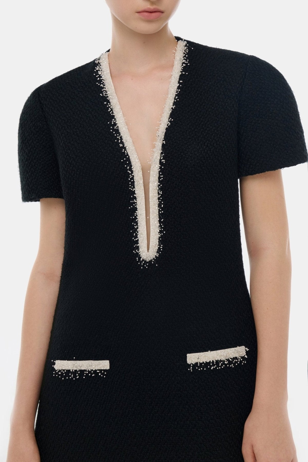 Black Deep-V Tweed Mini Dress by Montsand