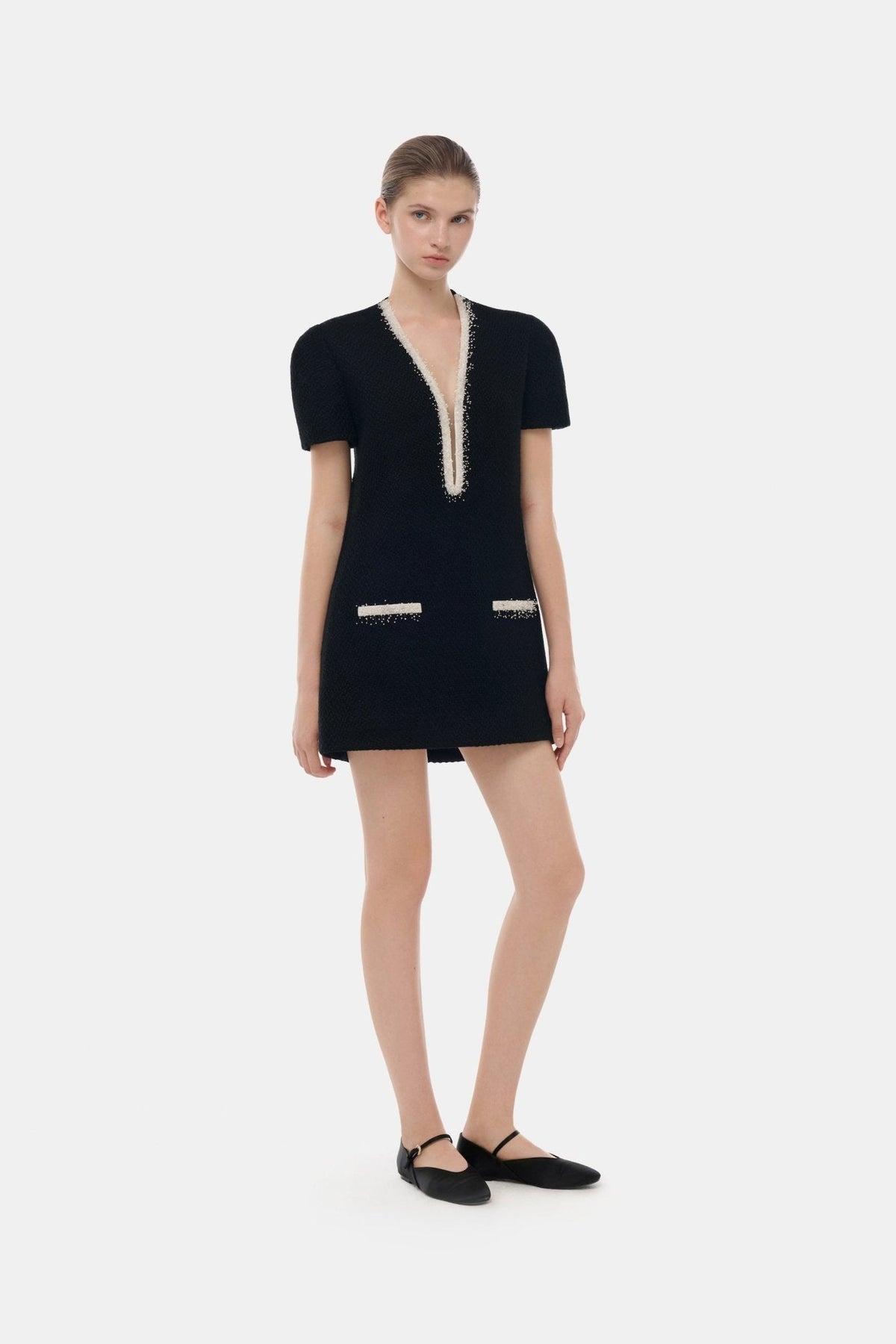 Black Deep-V Tweed Mini Dress by Montsand