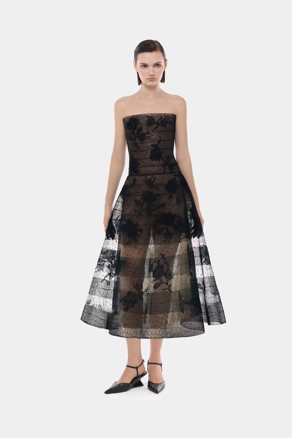 Black Floral Appliqué Midi Dress by Montsand