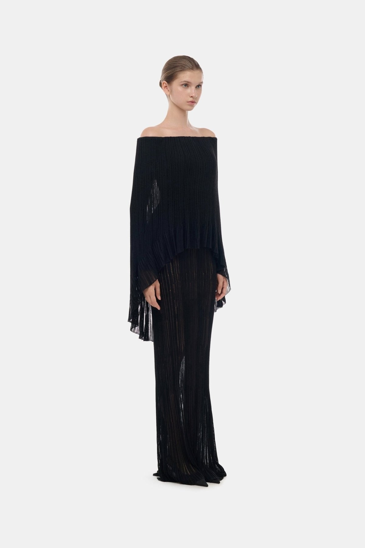 Black Off-Shoulder Pleated Maxi Dress by Montsand
