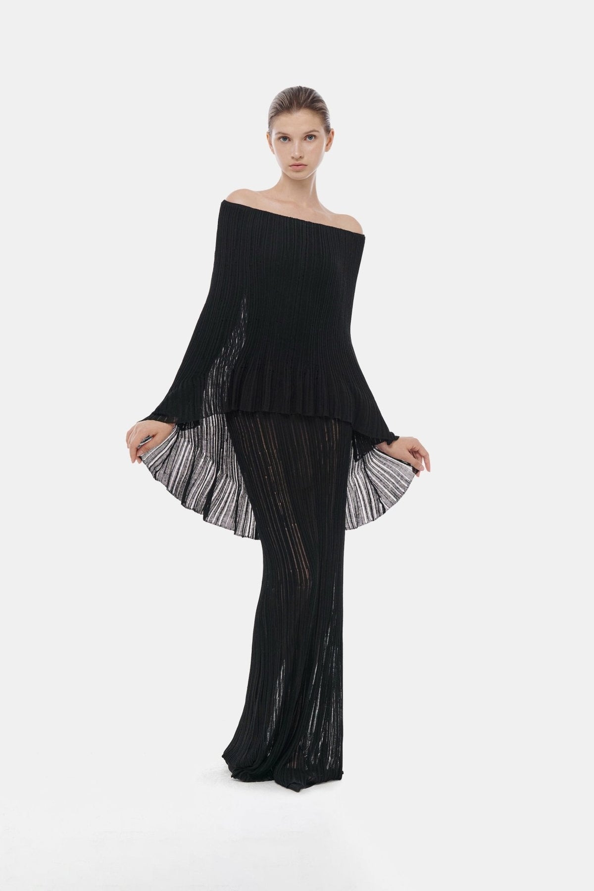 Black Off-Shoulder Pleated Maxi Dress by Montsand