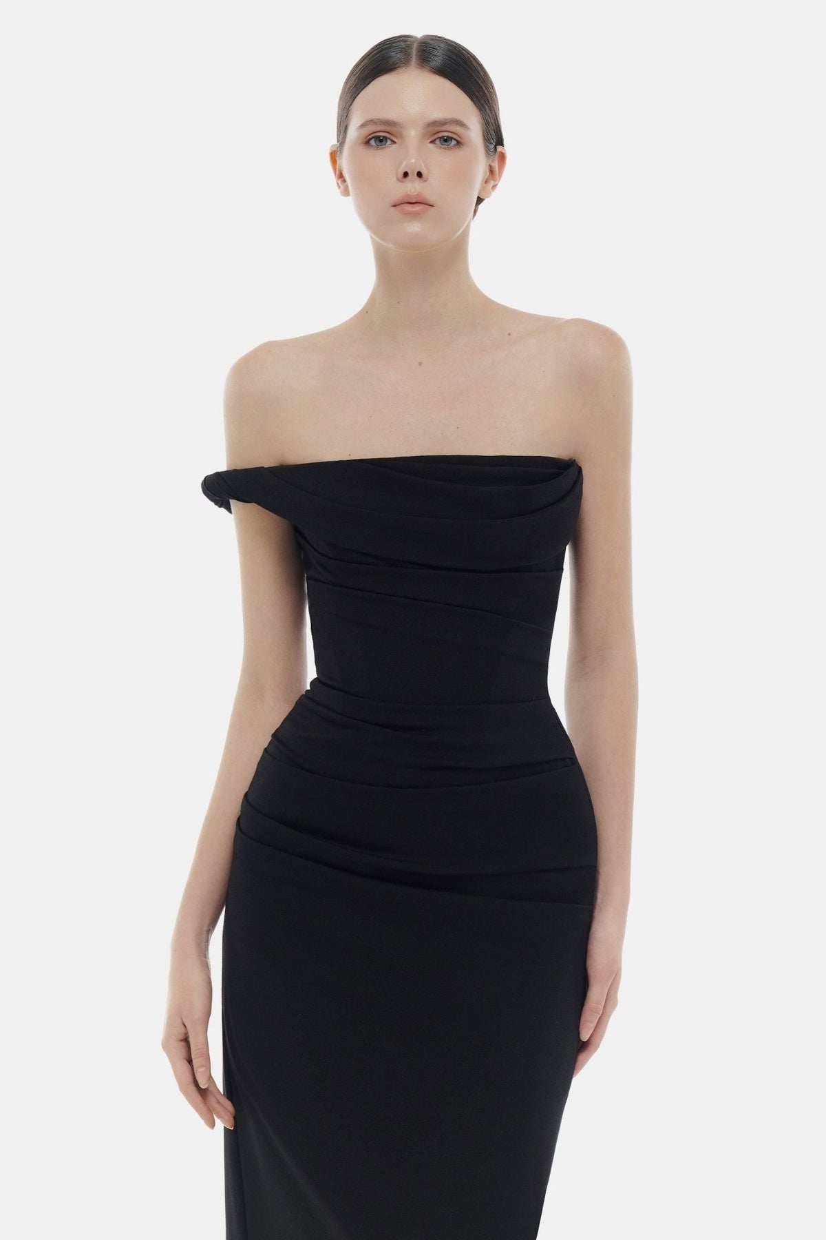 Black One-off Shoulder Draped Midi Dress by Montsand