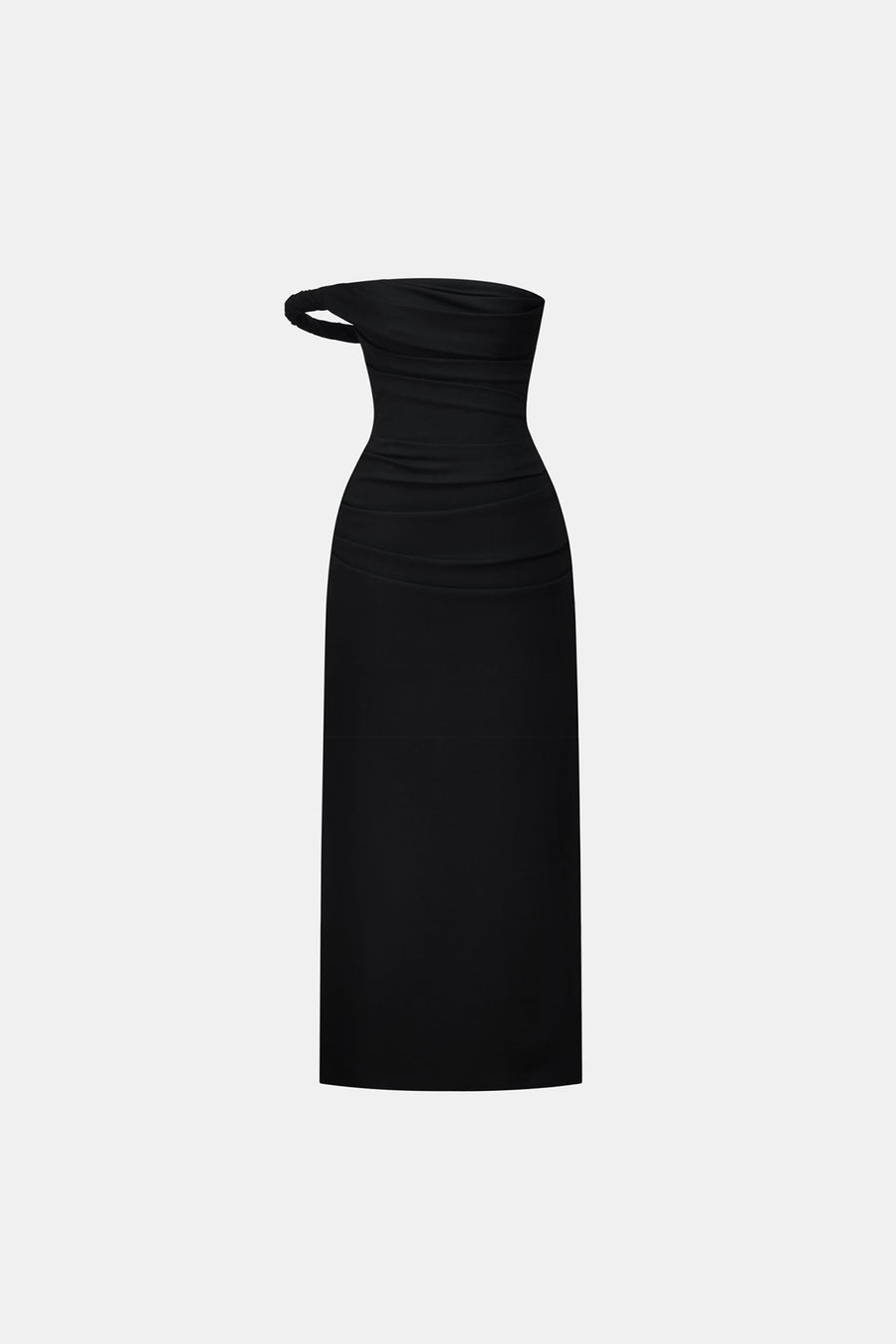 Black One-off Shoulder Draped Midi Dress